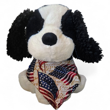 Load image into Gallery viewer,
Dog wearing a red, white, and blue patriotic bandana for Fourth of July and summer celebrations.