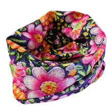 Load image into Gallery viewer, bright spring floral slip-on bandeau infinity scarf made from soft cotton blend, comfortable and machine washable, perfect for walks and everyday adventures.
