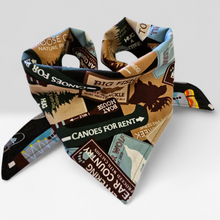 Load image into Gallery viewer, Camping themed dog bandana worn by a dog outdoors, handmade adventure dog bandana inspired by the Great Smoky Mountains
