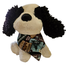 Load image into Gallery viewer, Dog wearing a camping themed bandana during an outdoor adventure, handmade cotton dog bandana
