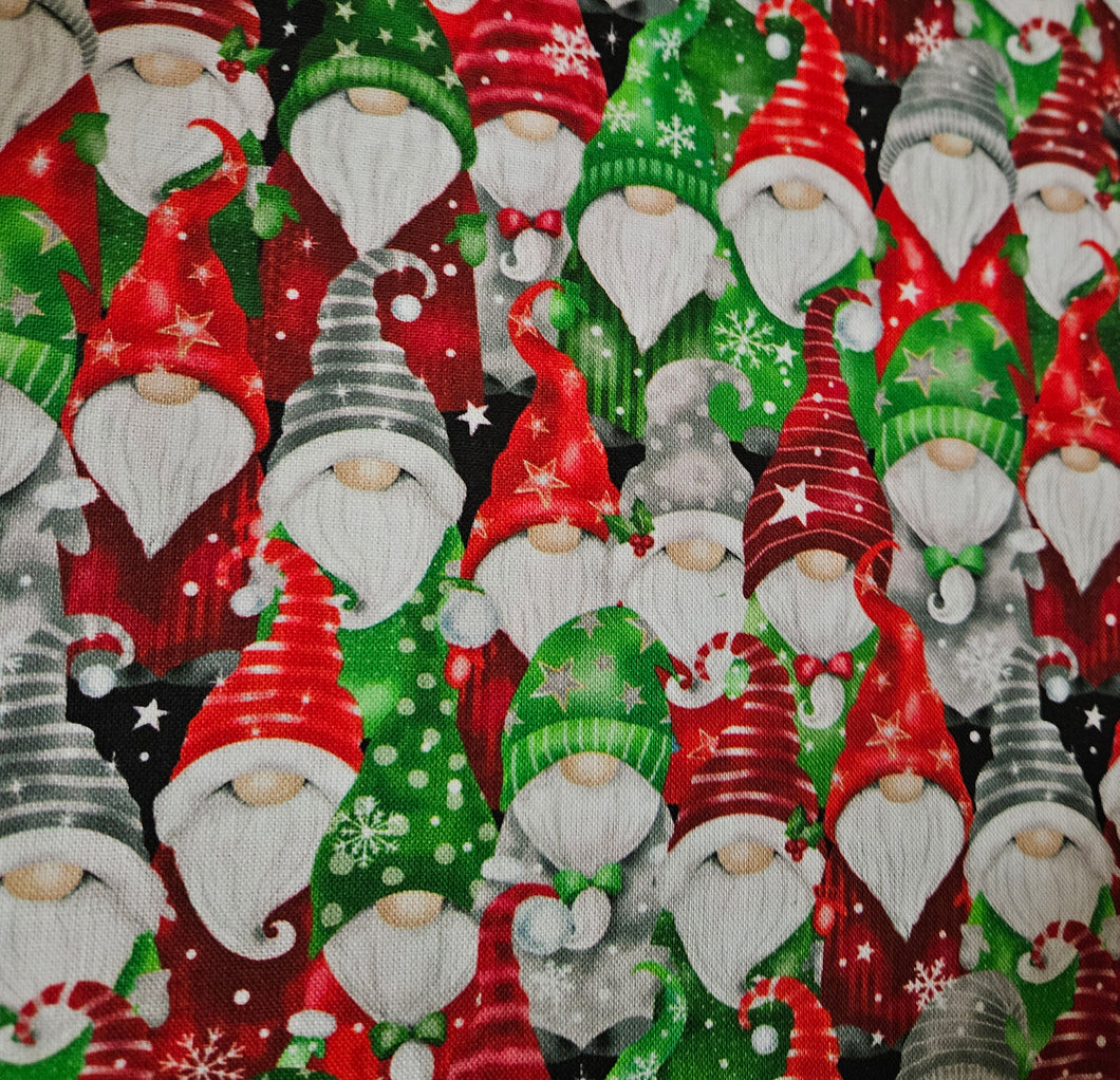 Pattern of Christmas-themed gnomes with colorful hats and outfits Dog bandana